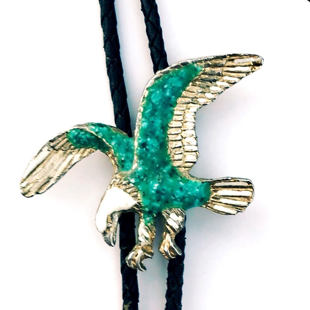 Blue/Green/Gold Enamel Bald Eagle Leather Bolo Tie